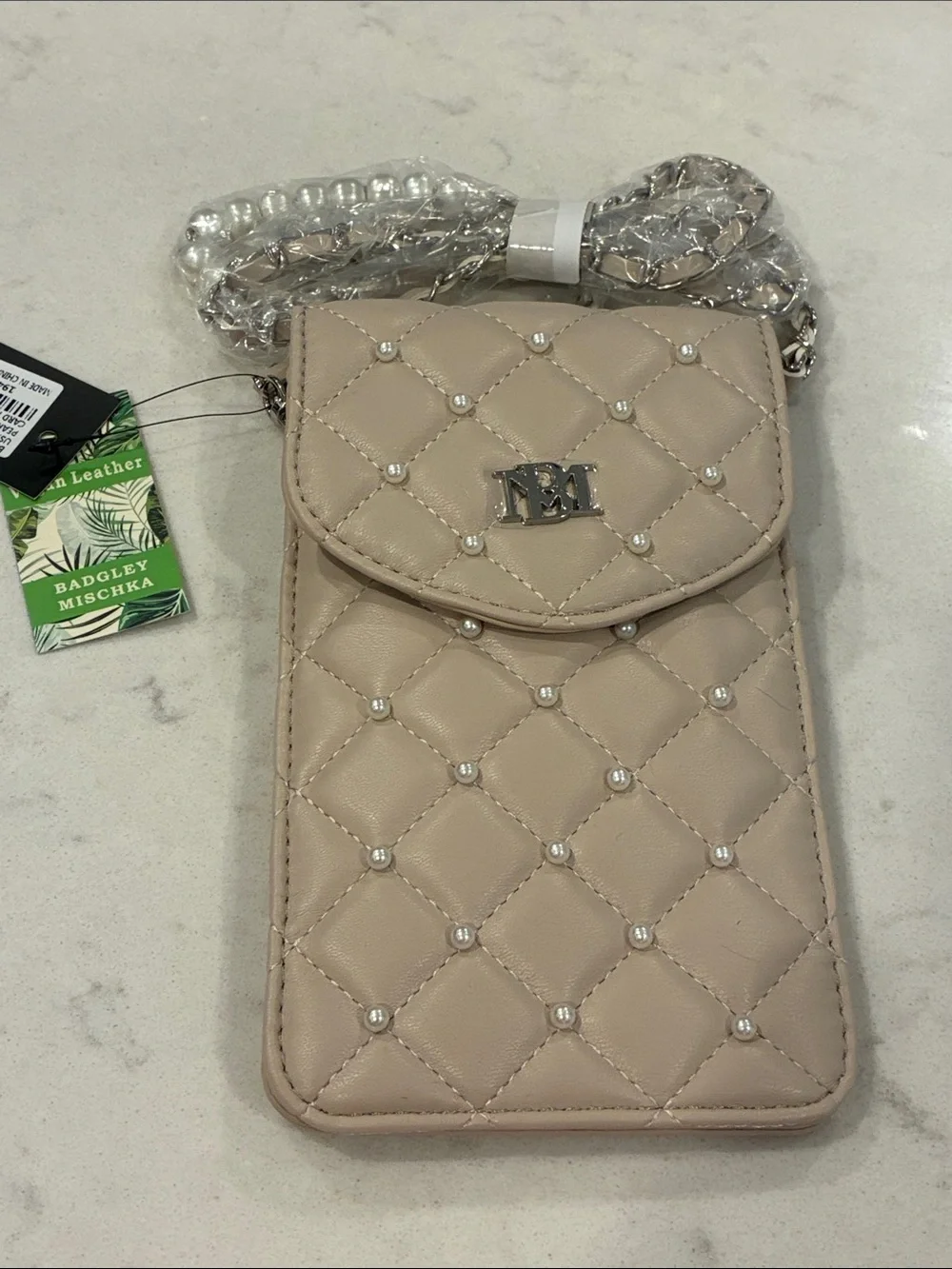 Badgley Mischka Quilted Pearl-Studded Beige Crossbody Phone Pouch